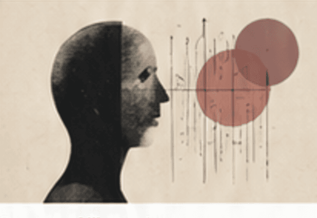 Illustration of a head in profile facing two overlapping rust-red circles and a cluster of thin vertical lines