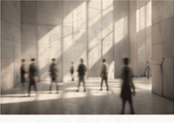 People crossing a sunlit concrete hall