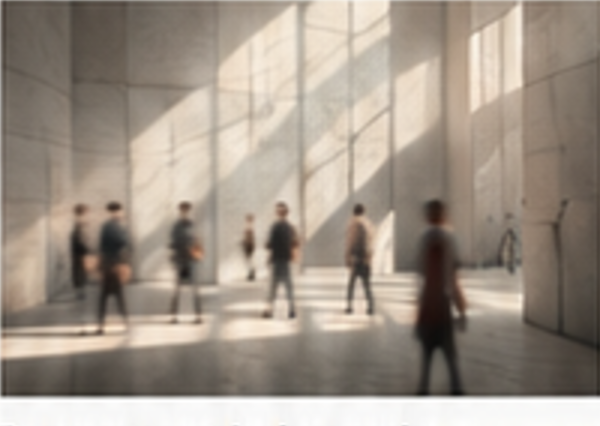 People crossing a sunlit concrete hall